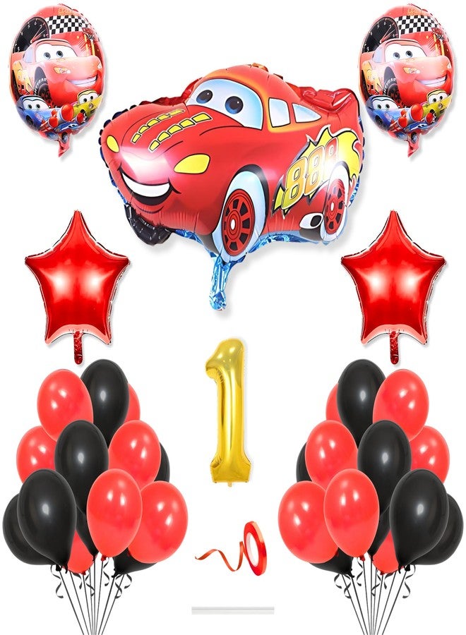Flyloons 1st Car Theme Decoration for Birthday Red Black 1 year Baby Boys Girls Kids 5 Pcs Lightning Macqueen Theme 30 Pcs Metallic Balloons Decoration Kit Set Items 2 Pcs Red Star - Image 1